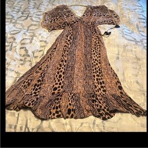 Gold Beaded Print Sundress. O/S. Maybe worn as a “cover up” or dress. Laces up.